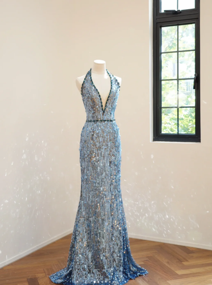 Gorgeous Halter Deep V Blue Sequin Beaded mermaid Long Party Dress Evening Dress D2176