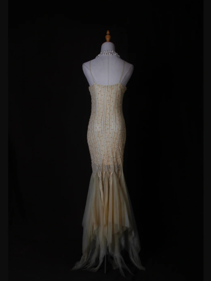 Classy Yellow Spaghetti Straps Chiffon Beaded Mermaid Long Party Dress Formal Birthday Evening Dress D2276