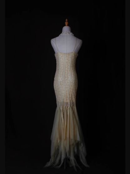 Classy Yellow Spaghetti Straps Chiffon Beaded Mermaid Long Party Dress Formal Birthday Evening Dress D2276