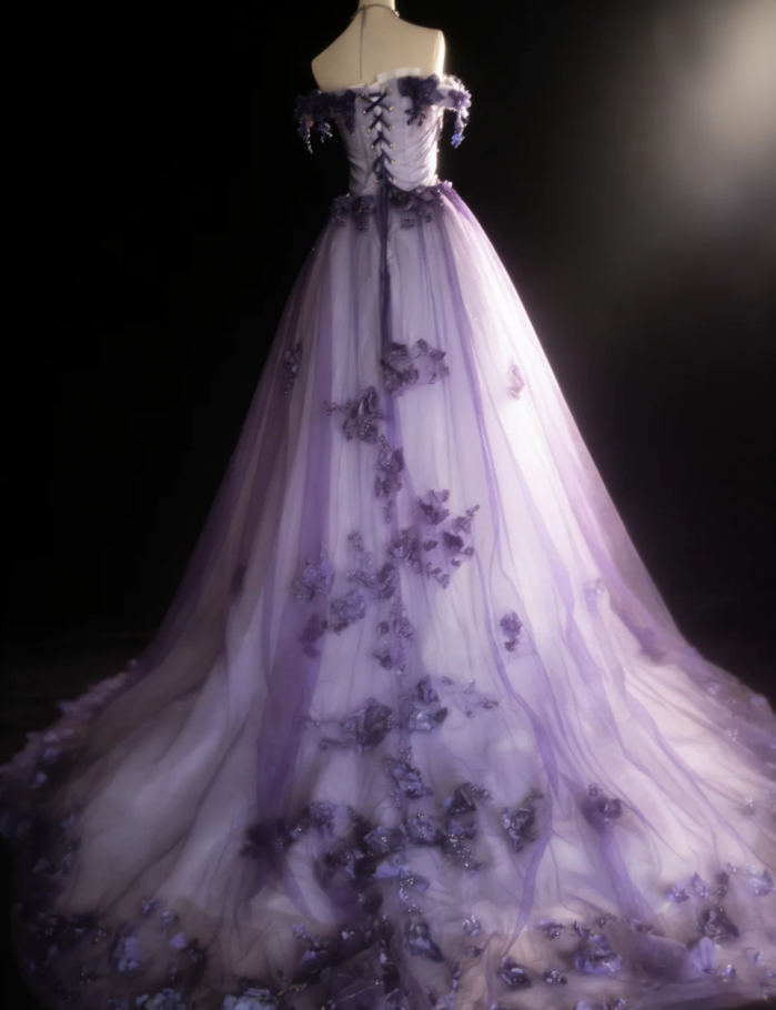 Princess Off The Shoulder Tulle Appliques Long Birthday Party Dress Prom Gown SP1622