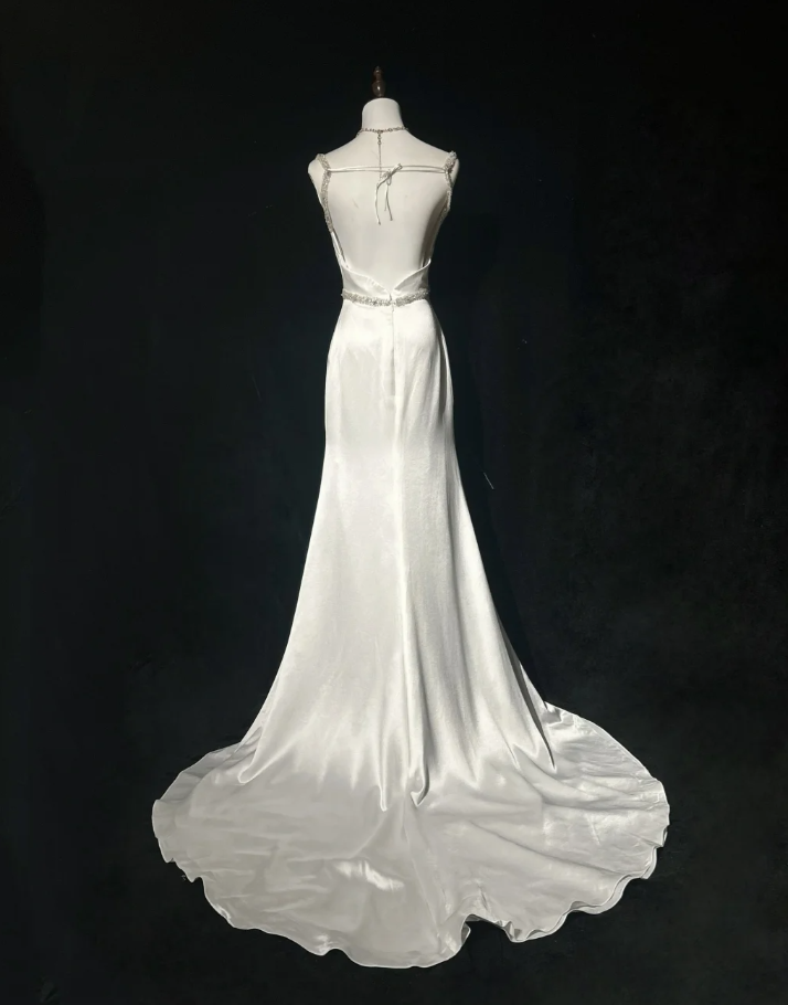 Pretty White Satin Beaded Mermaid Long Wedding Guest Dress Formal Party Dress Evening Gown