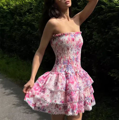 Cute Floral Strapless Design A-line Tiered Party Dress Homecoming Dress D1560