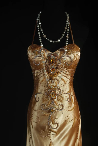 Fashion Halter Gold Satin Beaded Mermaid Long Party Dress Evening Dress D1863