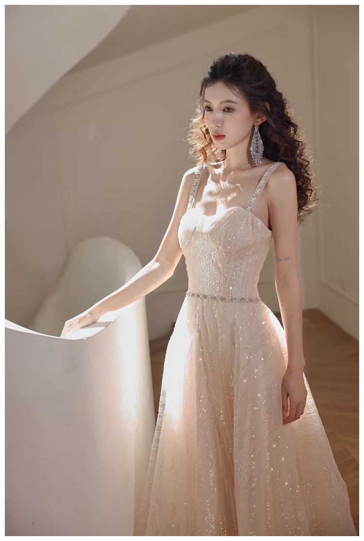 Elegant Light Champagne Tulle Sequin Beaded A Line Mid Length Birthday Prom Dress Evening Gown
