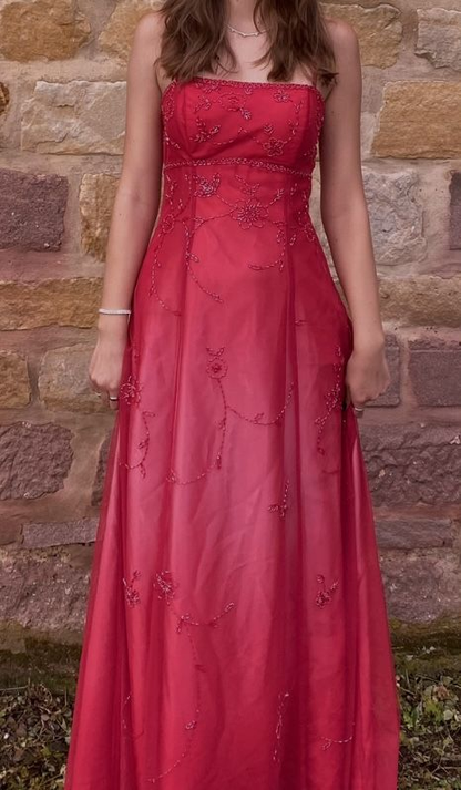 Pretty Spaghetti Straps Hot Pink Tulle Satin Beaded A Line Long Party Dress Formal Evening Gown