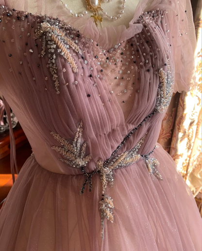 Sweet Tulle Sequin Beaded Ball Gown Pink Long Evening Dress Birthday Party Dress