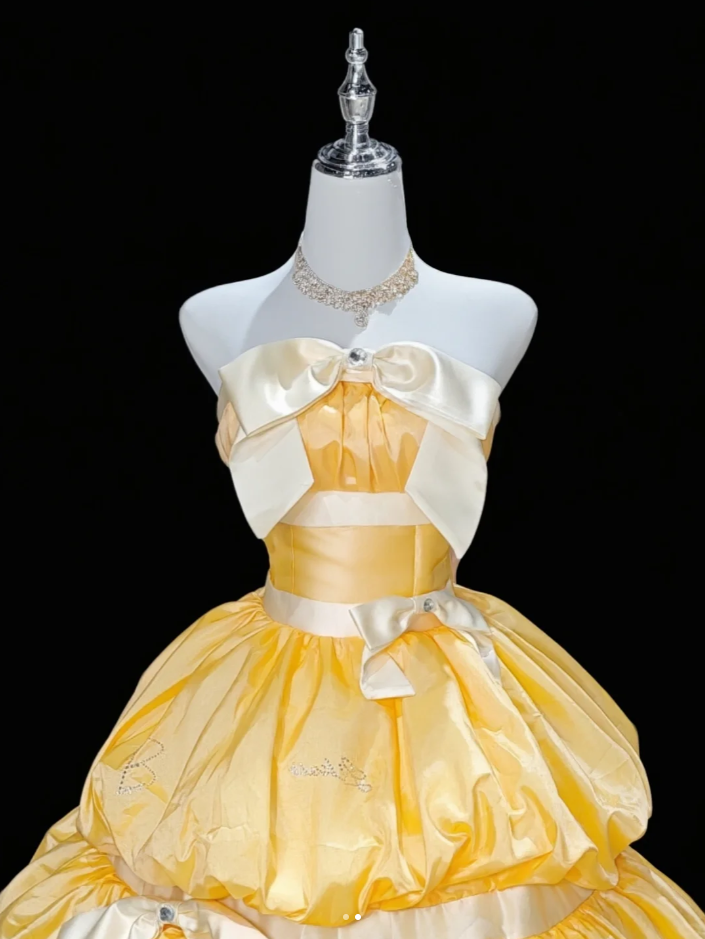 Unique Strapless Ball Gown Yellow Satin Beaded Formal Quinceanera Dress Sweet 16 Dress