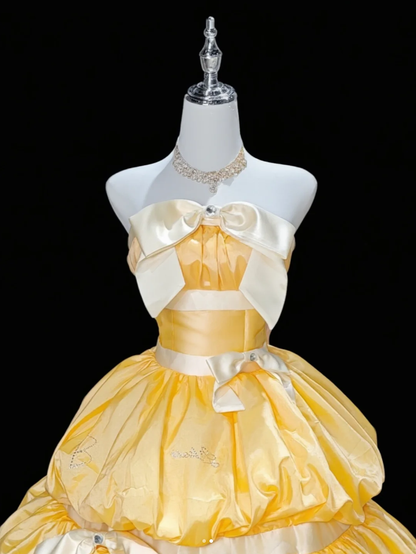 Unique Strapless Ball Gown Yellow Satin Beaded Formal Quinceanera Dress Sweet 16 Dress