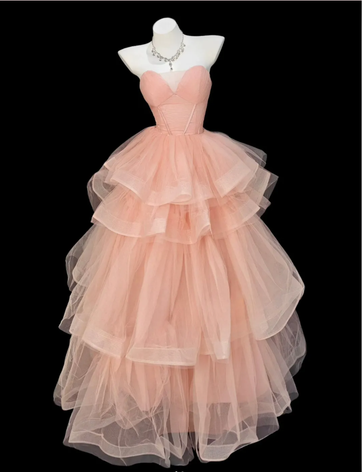 Elegant Strapless Pink Tulle Pleated Layered Long Party Dress Princess Birthday Dress D2339