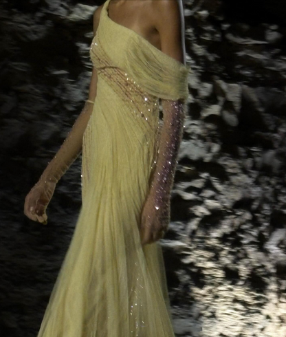 Pretty Tulle Pleated Sequin Mermaid Evening Dress Yellow Long Wedding Guest Dress D1625