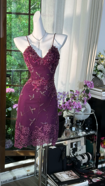 Vintage Spaghetti Straps Purple Lace Appliques Beaded Sheath 8th Grade Homecoming Dress Short Birthday Outfits S724