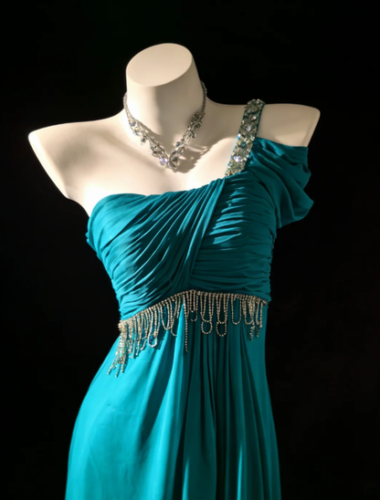 Pretty Blue V Neck Satin Beaded Long Wedding Guest Dress One Shoulder Party Dress Prom Gown SP1579