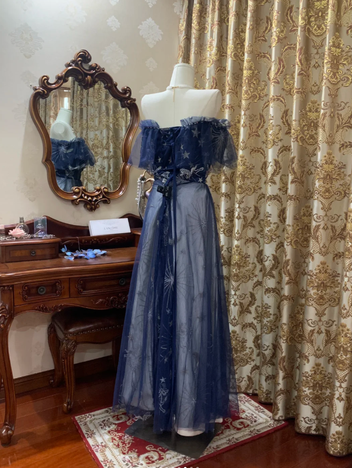 Glamorous Off The Shoulder Tulle A Line Long Wedding Guest Dress Navy Blue Birthday Prom Dress Evening Gown SP1609