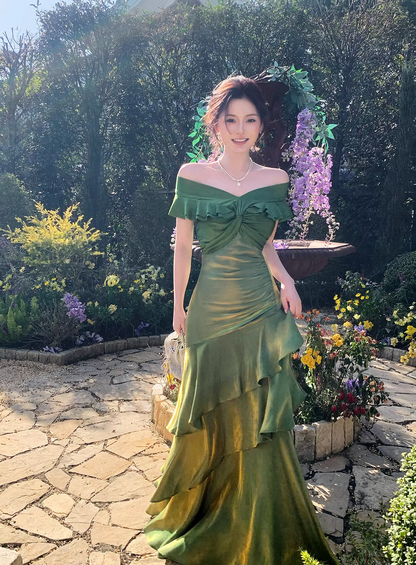 Glamorous Off The Shoulder Green Satin Ruffles Layered Mermaid Evening Dress Long Birthday Outfits SP1644