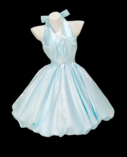 Sweet Halter V Neck Blue Satin A Line Short Homecoming Dress 17th Birthday Outfits D2352