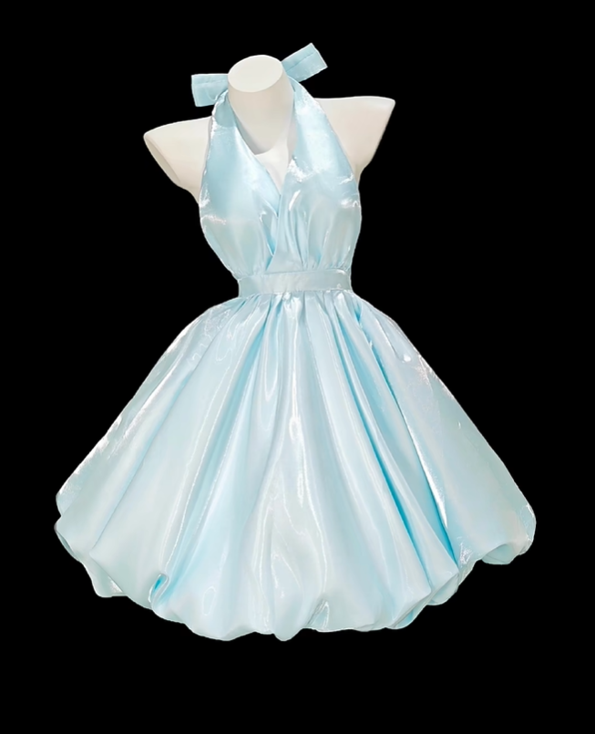 Sweet Halter V Neck Blue Satin A Line Short Homecoming Dress 17th Birthday Outfits D2352