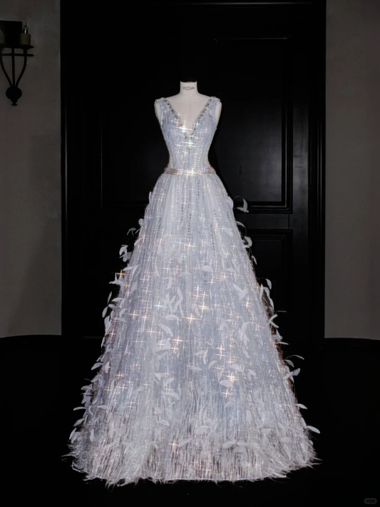 Glamorous V Neck Tulle Beaded Feathers A Line Prom Dress Evening Dress Y8682