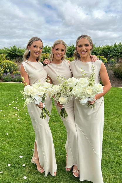 Elegant Sleeveless Ivory Satin Long Wedding Guest Dress Formal Bridesmaid Dress D1113