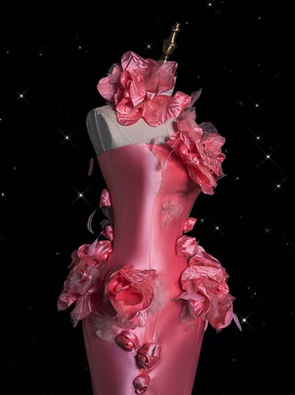 Pretty Pink Satin 3D Flowers Mermaid Prom Dress Long Evening Dress Y8339