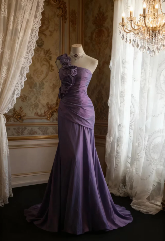Elegant Purple One Shoulder Satin Floral Mermaid Long Party Dress Formal Wedding Guest Dress D2312