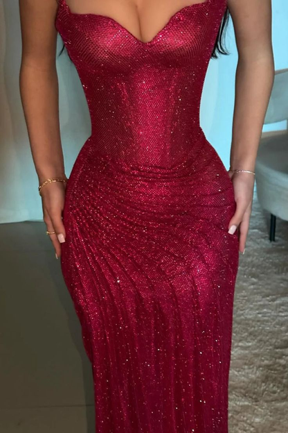 Gorgeous Hot Pink Spaghetti Straps Sequin Pleated Slit Mermaid Evening Dress Formal Prom Gown SP547