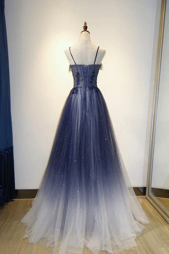 Elegant Ombre Navy Blue Tulle Appliques Straps Long Evening Dress, A-Line Tulle Prom Dresses Y1807