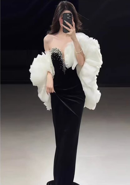 Gorgeous Strapless Black Velvet Beaded Mermaid Long Prom Dress Birthday Party Dress D2217