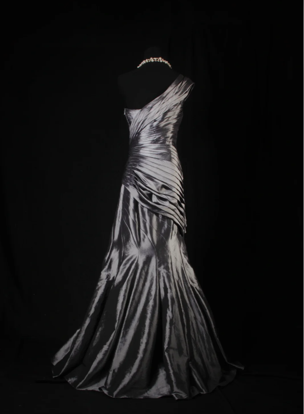 Fashion One Shoulder Satin Pleated Mermaid Long Party Dress Gray Birthday Prom Dress With Sequins D2228