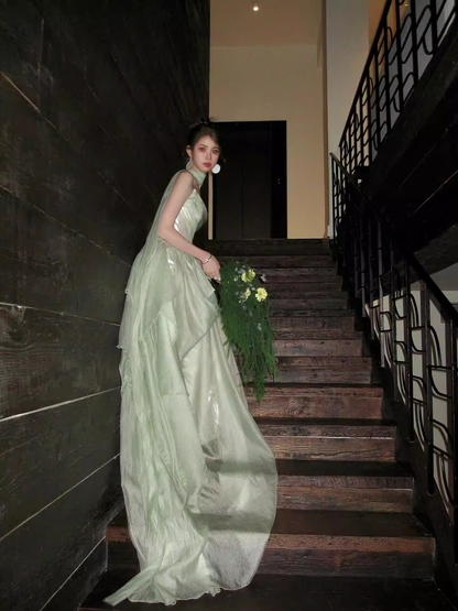 Pretty Green Strapless Tulle Long Evening Dress Birthday Prom Dress With Ribbon SP2026