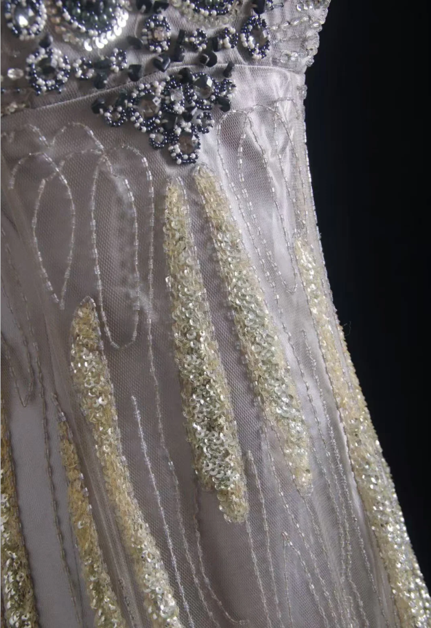 Glitter Silver Satin Sequin Beaded Mermaid Long Party Dress Formal Birthday Evening Dress D2002
