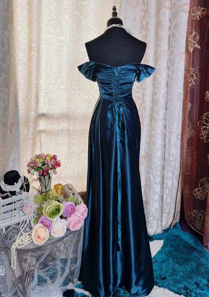 Gorgeous Navy Blue Off The Shoulder Satin Beaded Mermaid Long Evening Dress Formal Birthday Prom Dress SP1886