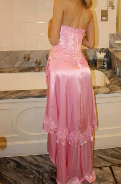 Classy Pink Strapless Satin Appliques Evening Dress Formal Prom Gown cc3032