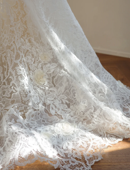 Classy White Lace Mermaid Long Wedding Dress Formal Bridal Dress With Flowers D2172