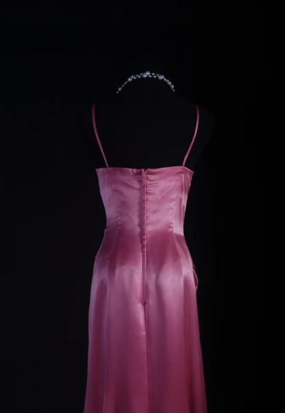 Elegant Pink Satin Pleated Mermaid Long Wedding Guest Dress Formal Party Dress D2008