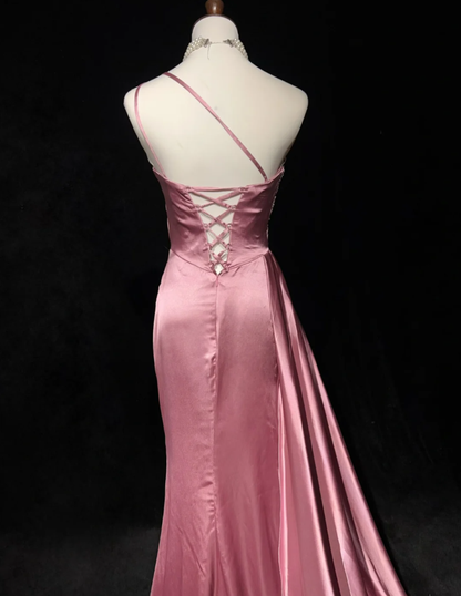 Chic One Shoulder Satin Sequin Beaded Mermaid Long Evening Dress Formal Pink Wedding Guest Dress D2073