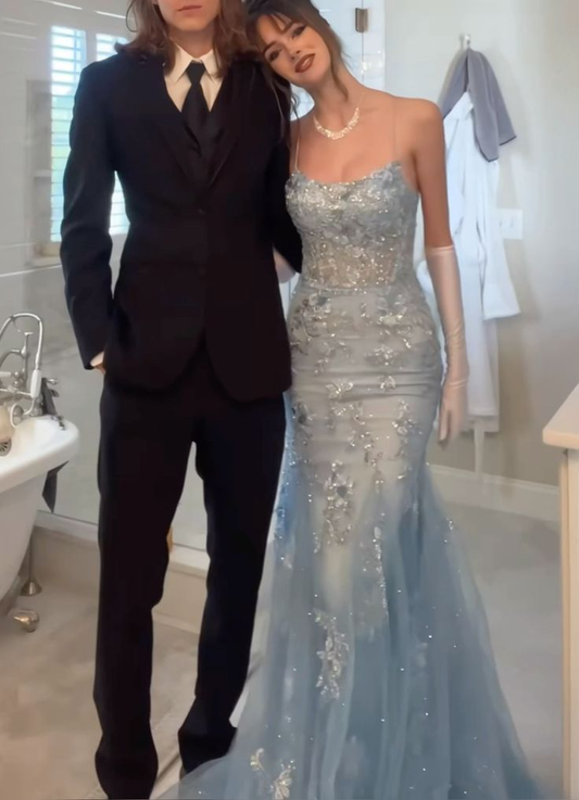 Pretty Spaghetti Straps Blue Tulle Sequin Appliques Mermaid Evening Dress Birthday Party Gown
