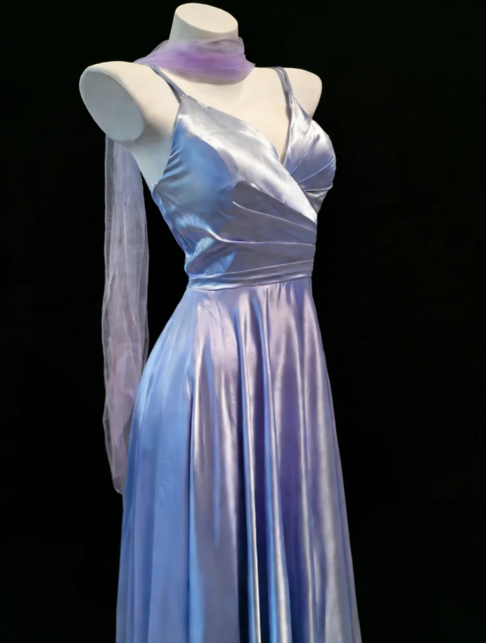Classy Spaghetti Strap Purple V Neck Satin A Line Birthday Party Dress Long Wedding Guest Dress With Ribbon SP1578