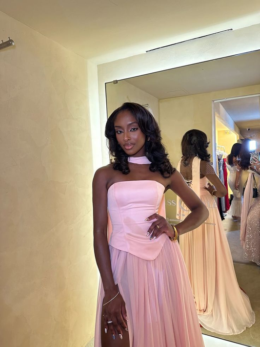 Classy Satin Chiffon Pink Strapless Slit Mermaid Prom Dress Formal Wedding Guest Dress With Ribbon D1083