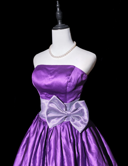 Fashion Purple Strapless Satin A Line Short Graduation Homecoming Dress Birthday Dress With Bow D2369