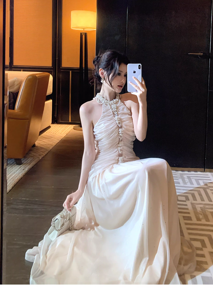 Elegant Pink Halter Tulle Sequin Beaded Mermaid Long Birthday Party Dress Formal Wedding Guest Dress SP1503