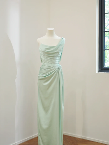 Classy Green Satin Mermaid Long Wedding Guest Dress Formal Bridesmaid Dress D2171