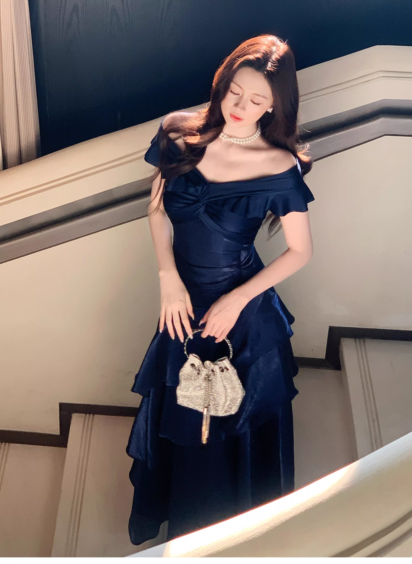 Stylish Navy Blue Off The Shoulder Satin Layered Ruffles Mermaid Long Evening Dress Prom Gown