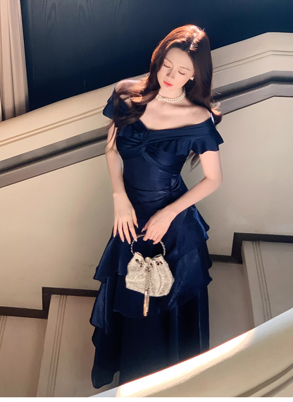 Stylish Navy Blue Off The Shoulder Satin Layered Ruffles Mermaid Long Evening Dress Prom Gown