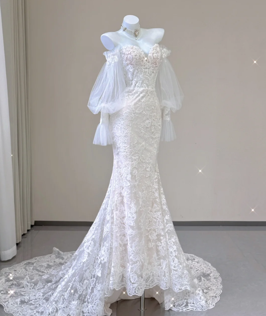 Elegant Mermaid Off The Shoulder Tulle Wedding Dresses Lace Brides Dress P0004