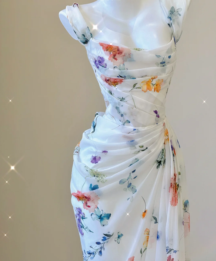 Classy Mermaid Square Neckline Floral Chiffon White Long Prom Dresses P0007