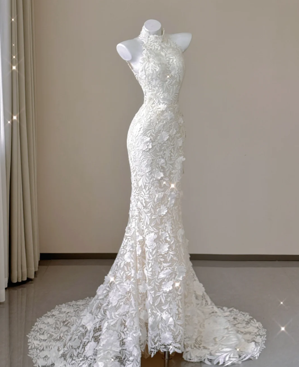 Elegant Mermaid High Neckline White Lace Sleeveless Wedding Dresses Brides Dress P0012