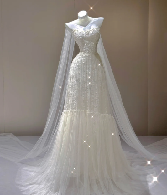 Elegant A Line Strapless White Lace Sleeveless Long Wedding Dresses Brides Dress P0014