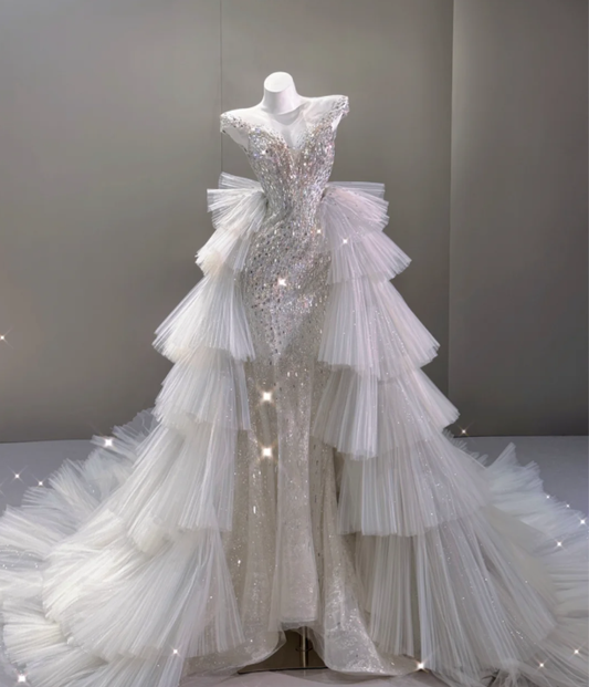 Elegant Mermaid Scoop Neckline Sequin Wedding Dresses Long Brides Dress P0017