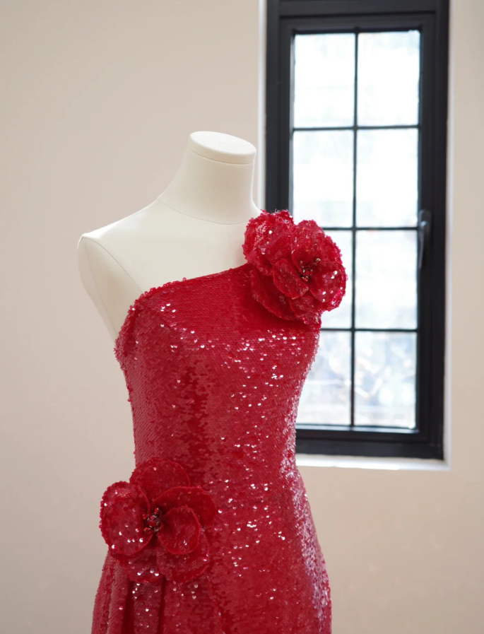 Sparkly Red One Shoulder Sequin Long Evening Dress Party Dress With 3D Flowers D2168