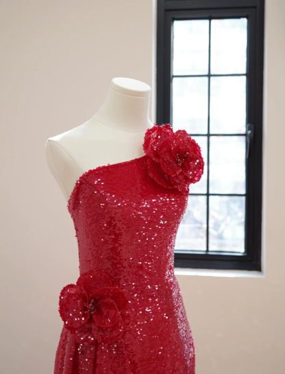 Sparkly Red One Shoulder Sequin Long Evening Dress Party Dress With 3D Flowers D2168